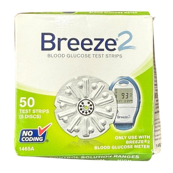 Breeze 2 Blood Glucose Test Strips Diabetes Supplies 5 Discs 50ct 2019 No Coding - Picture 1 of 6